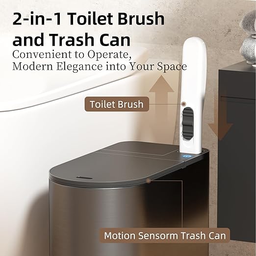 Bathroom Trash Can with Lid - Motion Sensor Smart Garbage Bin with Toilet Brush, 2 Gallon / 7L Small Automatic Trash Can, Odor-Control for Bathroom (Grey with Toilet Brush)