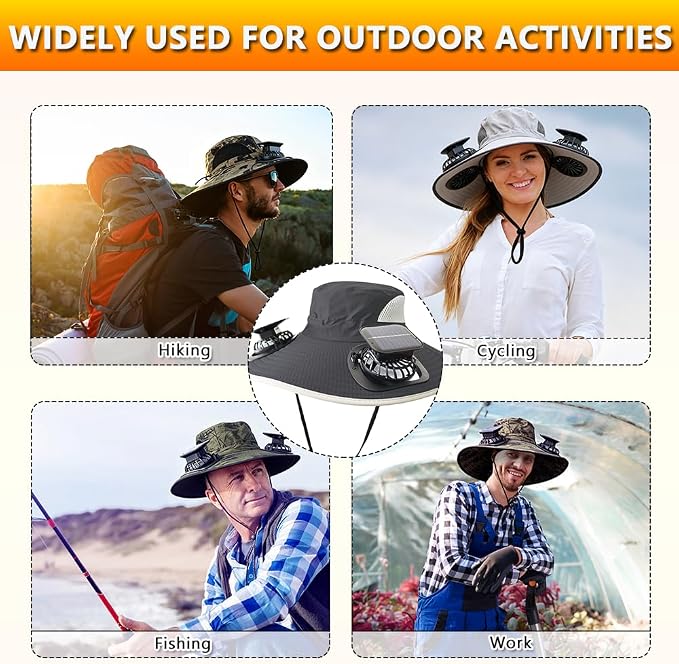 Solar Fan Hat Rechargeable 2Detachable Solar Fans,Water-Repellent Wide Brim Bucket Hat, Outdoor Camping Hiking Golf Sun Hat