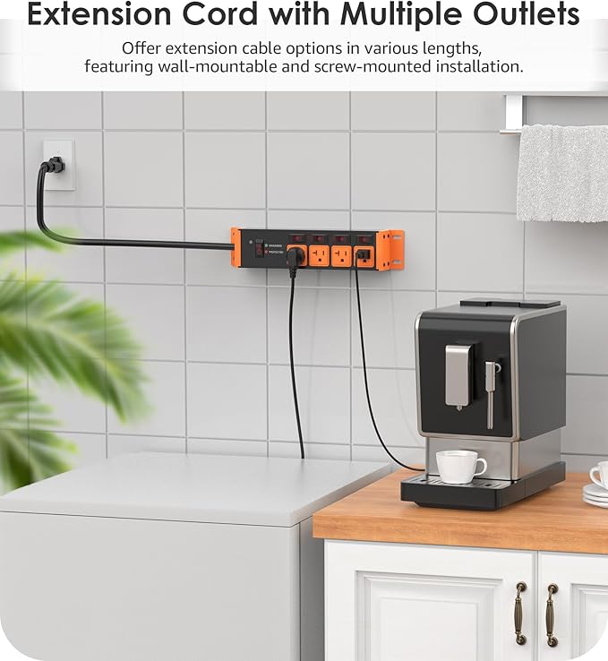 CCCEI Heavy Duty Surge Protector Power Strip 20 Amp Individual Switches. 25FT 12 Gauge Extension Cord with Multiple Outlets. Kitchen, Garage, Shop, Industrial Wall Mount Electric Extender, Orange.