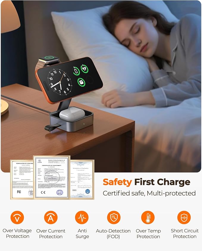 3 in 1 Wireless Charging Station for Apple Multiple Devices, Foldable Travel Compact MagSafe Charger Stand with 20W PD Adapter for iPhone 17/16/15/14/13, Apple Watch, AirPods Pro/4 - Space Grey