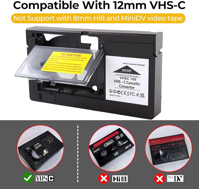 Camcorder Cassette Adapter (SVHS/VHS-C to VHS) - Compatible with JVC C-P7U/CP6BKU/C-P6U, Panasonic PV-P1, RCA VCA115 (Not Compatible with 8mm/MiniDV/Hi8; Battery Not Included)
