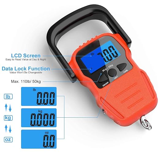 Luggage Scale,Fish Scale with Backlit LCD Display,110 lb/ 50KG Digital Portable Hanging Scale with Measuring Tape for Home Yellow