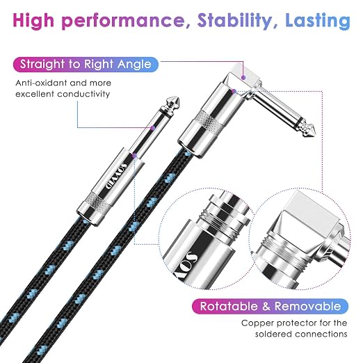 10FT Instrument Cable - Electric Guitar & Bass Cable with Right Angle 1/4 Inch Connector - Black & Bluetest