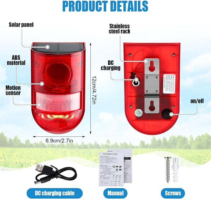 Qualirey Solar Sound and Light Alarm Motion Sensor 129db Outdoor Security Siren Waterproof Activated Detector Driveway Alarm 6 LEDs Flash Warning Deterrent Strobe System for Home, Farm(Red,2 Pack)