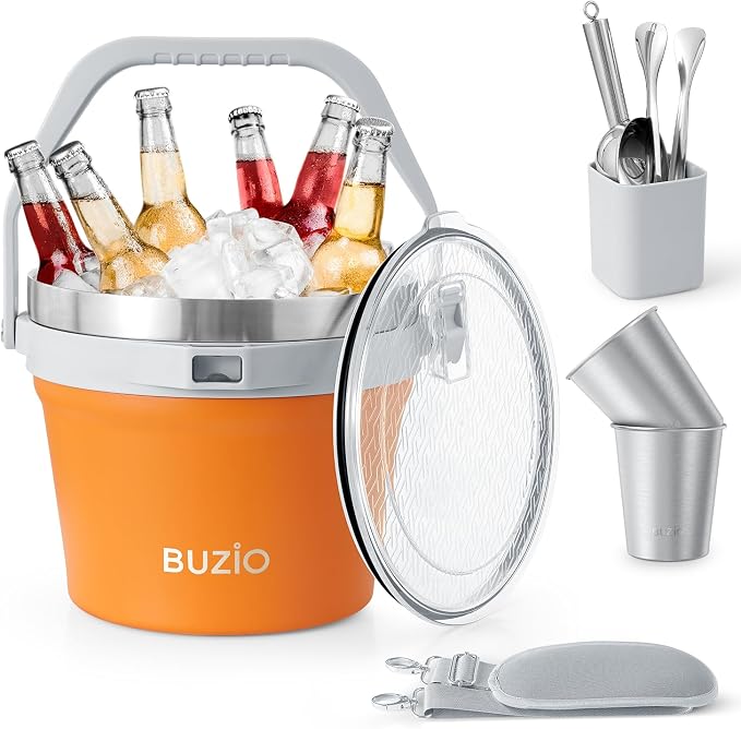 BUZIO 7 L Ice Bucket with Lid, Scoop, Tongs & Metal Stainless Steel 14 oz Cups, Keep Cold for 48 Hrs, Double Wall Vacuum Insulated Large Beer Bucket for Parties Cocktail Bar, Orange