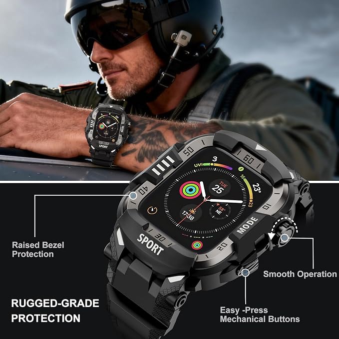 DABAOZA Rugged Case with Band Compatible with Apple Watch 44mm, for iWatch Series 6/5/4 & SE 3/2/1,Military Grade Shockproof Bumper and Men's Tactical Heavy Duty Strap (Black/Black,44MM)