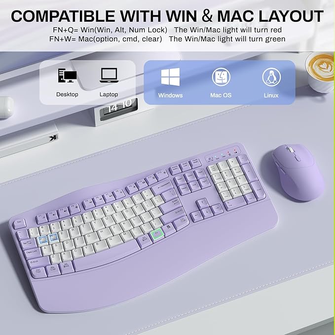 Wireless Keyboard and Mouse Combo,2.4G Full Size Wave Keys Ergonomic Keyboard with Wrist Rest for Natural Typing, 3 DPI Adjustable Ergonomic Mouse for Computer/Laptop/Windows/Mac (Purple & White-B)