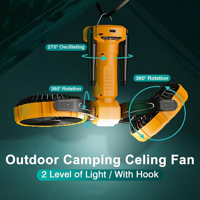 10000mAh Outdoor Camping Fan, Oscillating Battery Operated Tent Fan with LED Lantern, Dual Head Rechargeable Tent Ceiling Fan with Tripod & Hanging Hook - Yellow