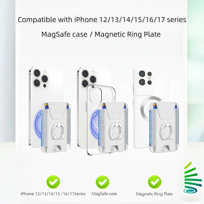 for Magsafe Wallet, Slim Magnetic Card Wallet with Grip, 7 Cards Holder RFID Blocking, Ring Stand Stick on Wallet with Privacy Flap(White)