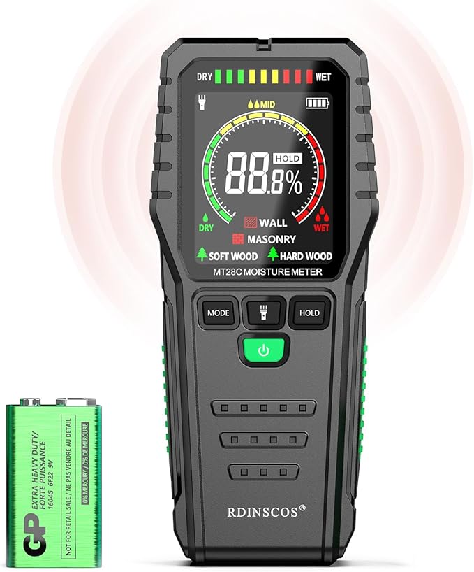 Pinless Moisture Meter Non-Invasive Digital Wood Humidity Tester | Moisture Detector For Wall, Lumber, Building, Firewood, 19mm Depth,Built Flashlight