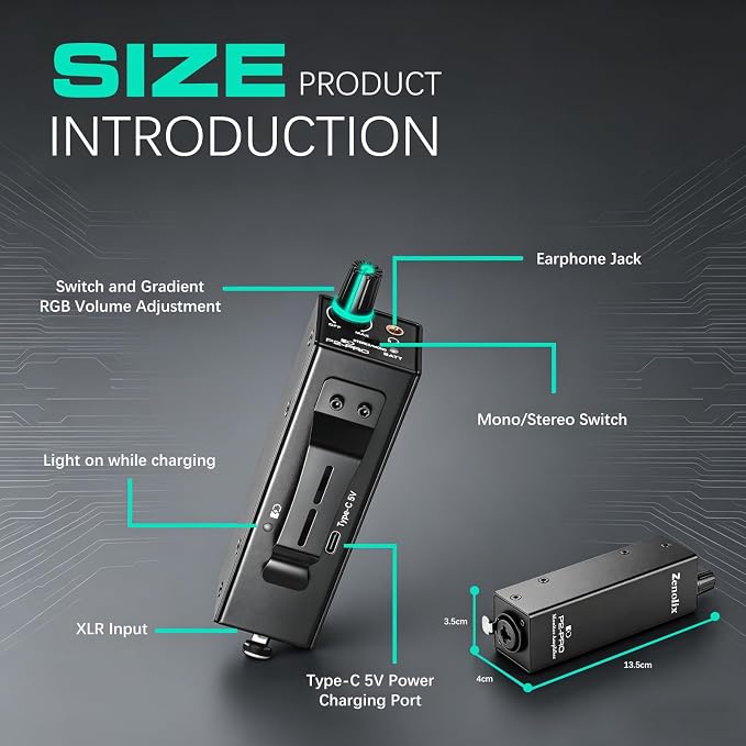 P2-Pro Portable in Ear Monitor Amplifier, Headphone Amp with XLR/TRS Inputs 3.5mm Output, Headphone Amplifier with Durable Belt Clip, Stereo/Mono Switch for Drummers, Guitar, Keyboardists