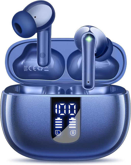 foxotin Ear Buds Wireless Earbuds - Bluetooth 5.3 Headphones (48H Playback) Built in Mic with LED Display Charging Case, IP7 Waterproof Earphone for iPhone Andriod Phones Laptop Sports Workout-Blue
