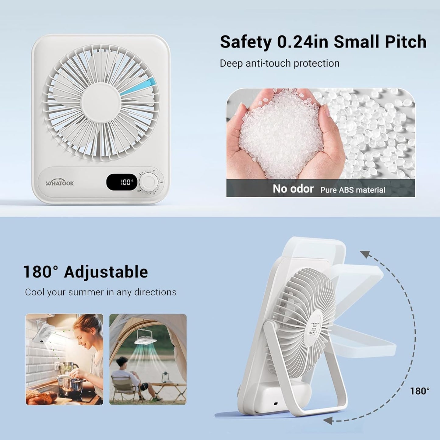WHATOOK Small Desk Fan Personal Fans: 5000mah 25 Hours Battery Office Quiet Mini Desktop Fan Portable Rechargeable Travel Essentials (White, 5000)