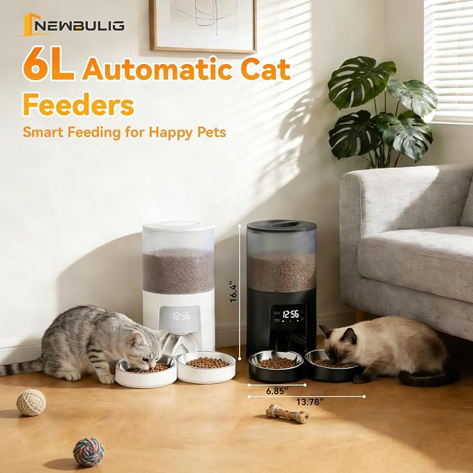 NEWBULIG Automatic Cat Feeder for 2 Cats, 6L/25.3 Cups Timed Pet Feeders with Dual Bowls, 10s Voice Recorder, Dog Food Dispenser for Dry Food, 6 Meals/Day, 50 Portions/Meal, Dual Power Supply, White