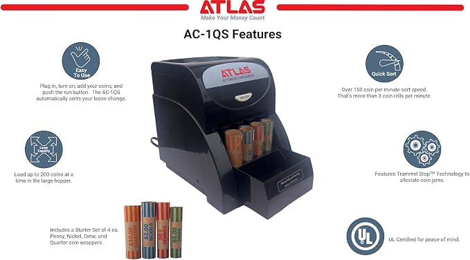ATLAS Automatic Coin Sorter (AC-1QS), Accurately Sorts 156 Coins per Minute, 200 Coin Hopper with Starter Assortment of Quarter, Penny, Nickel, Dime Preformed Coin Wrappers. | Quickly sort up to 3 rolls of coins per minute