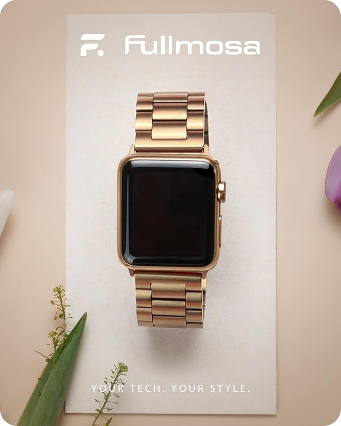 Fullmosa Metal Band Compatible with Apple Watch Bands 45mm 44mm 42mm, iWatch Band with Case for Apple Watch Series 9 8 7 6 5 4 3 2 1 SE3/2/1, Rose Gold