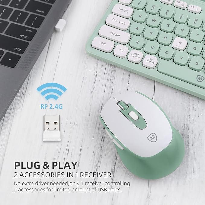 Green Wireless Keyboard and Mouse Combo, 2.4G Ergonomic Wireless Computer Keyboard with Phone Tablet Holder, Silent Mouse with 6 Buttons, Compatible with MacBook, Windows(KM-239W-GNWH)