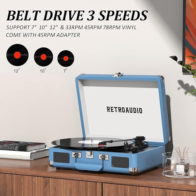 Vinyl Record Player Bluetooth Vintage Portable Suitcase Turntable with Built-in Speakers 3-Speed Belt-Driven Record Player Support RCA Output and Headphone Output
