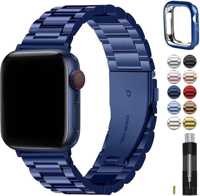 Fullmosa Metal Band Compatible with Apple Watch Bands 41mm 40mm 38mm, iWatch Band with Case for Apple Watch Series 9 8 7 6 5 4 3 2 1 SE3/2/1, Blue