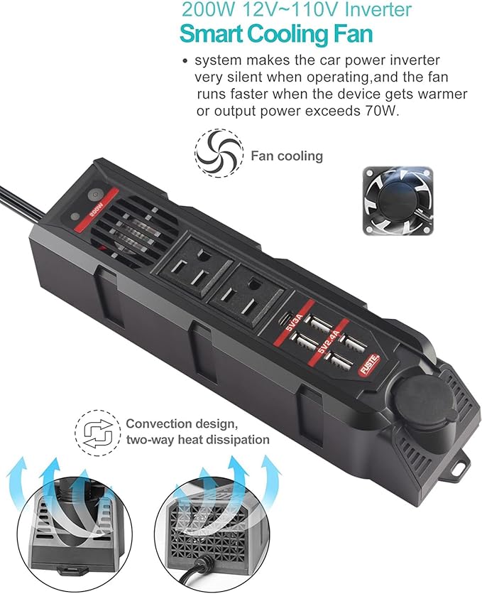 200W Car Power Inverter,DC 12V to 110V AC Vehicle Converter with Type-C Port,Dual AC Outlets and 4 Quick 2.4A USB Ports for Car Cigarette Lighter Adapter