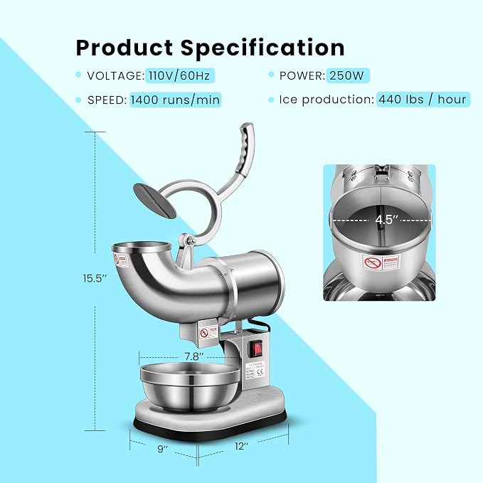 VIVOHOME Electric Dual Blades Ice Crusher Shaver Snow Cone Maker Machine Silver 440lbs/hr for Home and Commercial Use