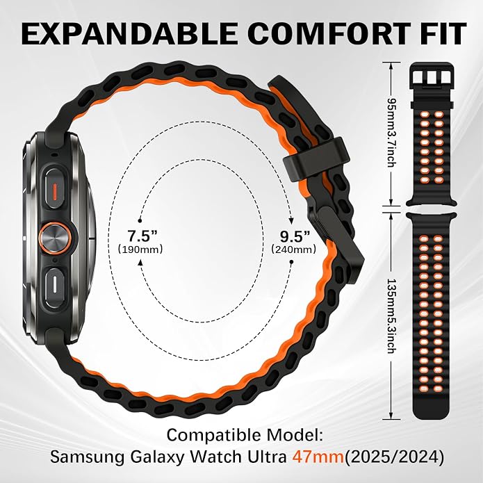 Sport Silicone Bands Compatible for Samsung Galaxy Watch Ultra 47mm (2025/2024), Breathable Wristband Waterproof Replacement Soft Silicone Strap for Men Women