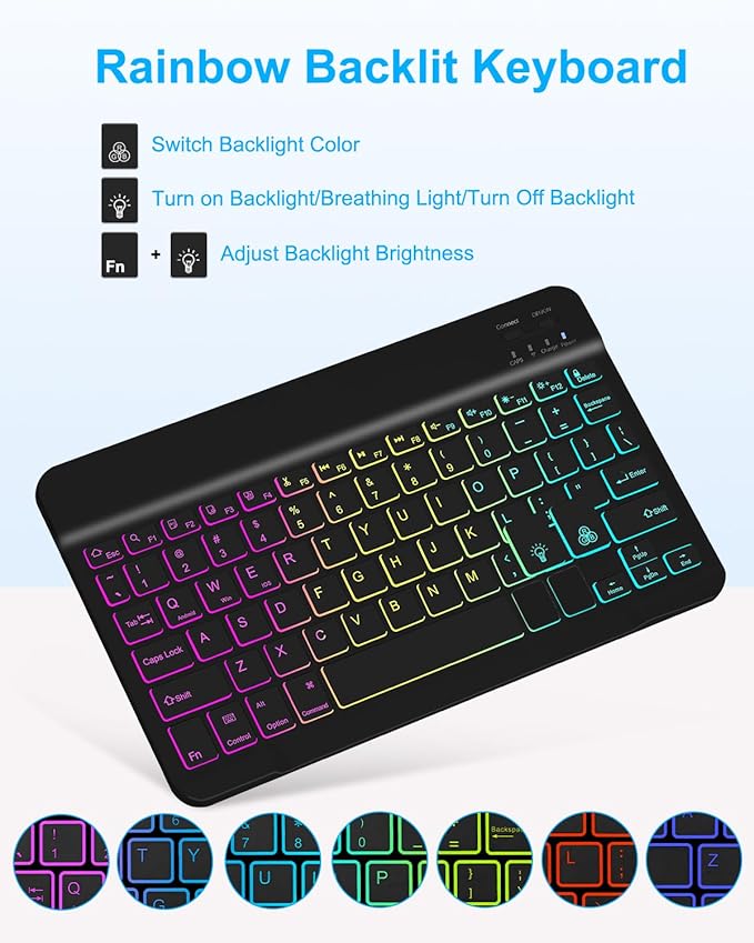 EAMPANG Case with Keyboard for iPad A16 11th 10th Generation 11/10.9 inch,Rainbow Backlit Detachable Keypad Rotatable Magnetic Cover with Pencil Holder for iPad 11 2025 10 Gen 2022 Black