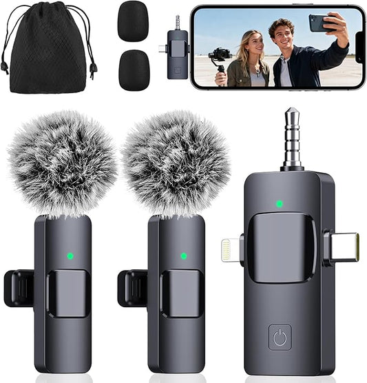 BAILIXIN 3-in-1 Microphone for iPhone, Android, Camera, Wireless Microphones, Mini Microphone, Lapel Mic with Noise Reduction, Crystal Clear Sound & 7H Battery for Recording, YouTube, Podcast