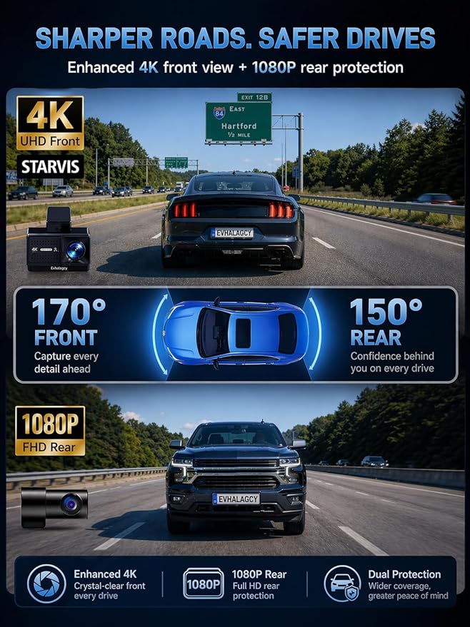 4K+1080P Dash Cam Front and Rear, Osmo Dashcam Pro with STARVIS Night Vision, Multi-Vent Dash Camera for Cars, Built-in GPS, G-Sensor & Loop Recording, 5.8GHz WiFi, with 64GB Card, 24H Parking Mode