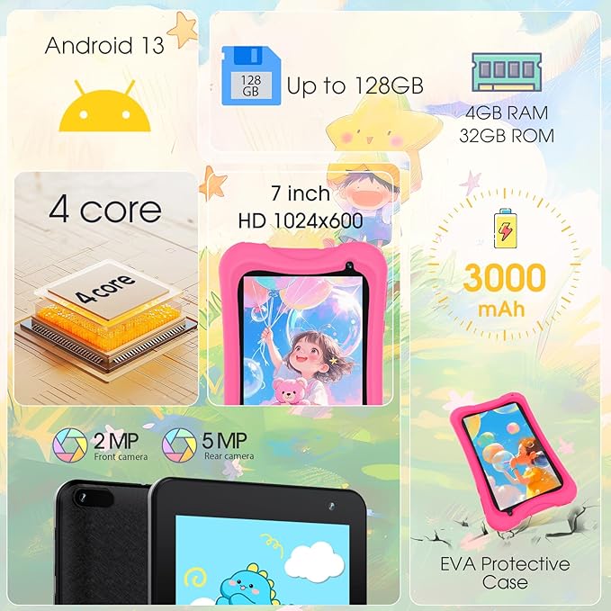 Digliand 7" Android Kids Tablet, Android 13, Quad-core Processor, 4GB+32GB, Pre-Installed Educational Apps, 2MP+5MP Dual Cameras, 3000mAh Battery, Shockproof Protective Case (Pink)