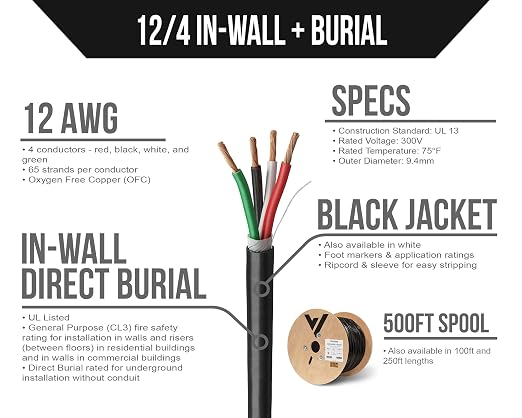 Voltive 12/4 Speaker Wire, in-Wall CL3 & Direct Burial, Black, 500ft - 12AWG, 4 Conductors, Stranded Oxygen-Free Copper, UL Listed - V-1207-5