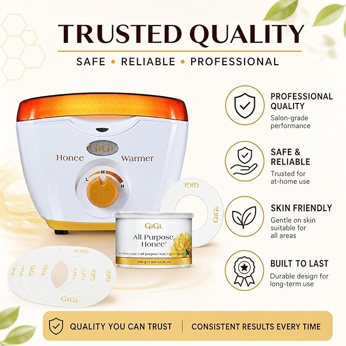 GiGi Wax Warmer for Hair Removal, Face and Body Depilatory Kit with All-Purpose Honee Wax and 10 Collars, Adjustable Temperature, 14 oz