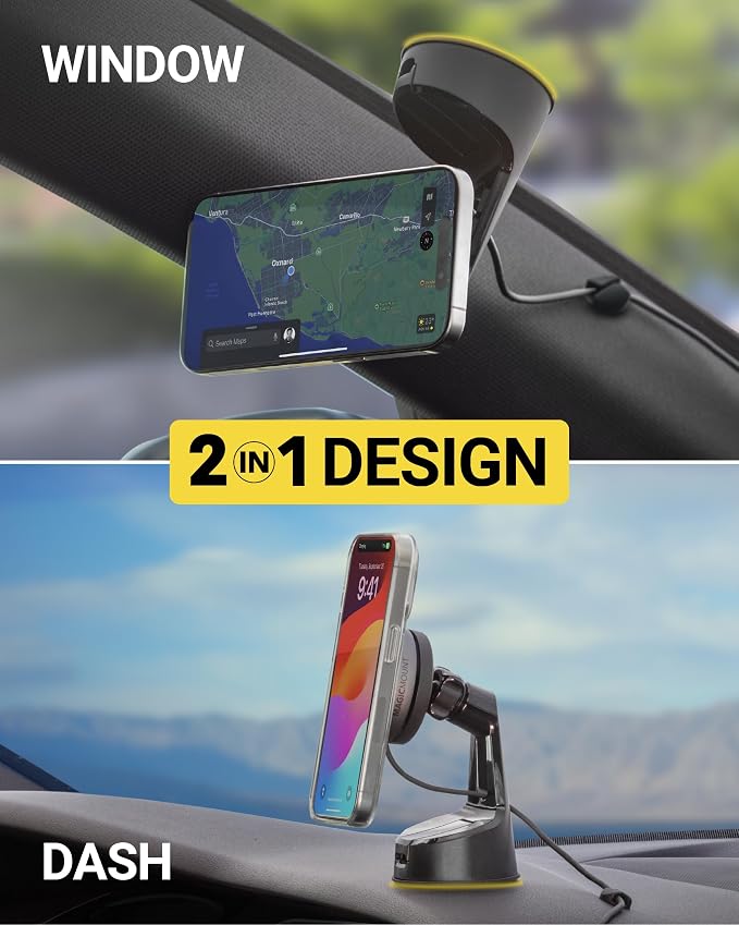 Scosche Qi2 MagSafe Car Mount, 15W Wireless Charging Suction Cup Phone Mount, Magnetic Windshield/Dashboard Cell Phone Holder with Fast USB-C Car Charger Compatible with iPhone 16/15/14/13/12, S25