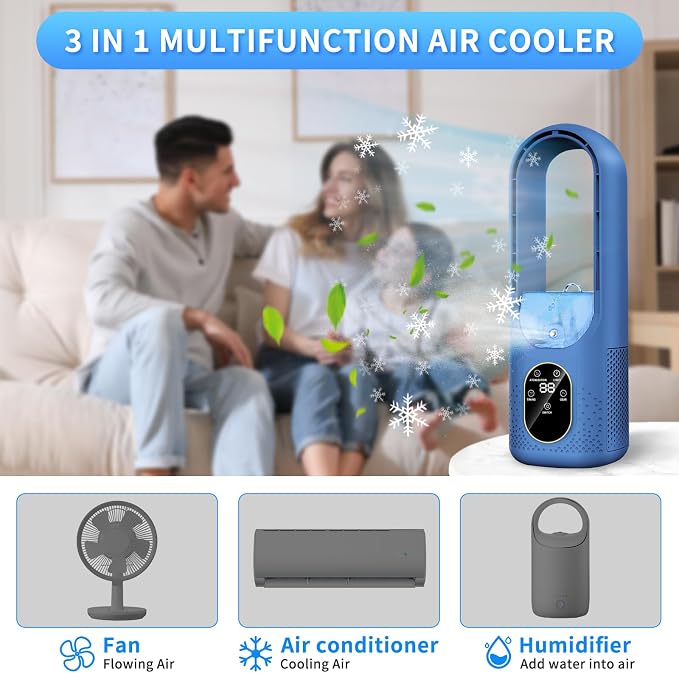 Desk Fan Bladeless - 6-Speed Portable Air Conditioner Fan - 3-in-1 Personal Cooling Fan -Small AC Unit With 200ml Water Tank/1-6H Timer/USB Powered Evaporative Air Cooler Table Fan for Bedroom Office