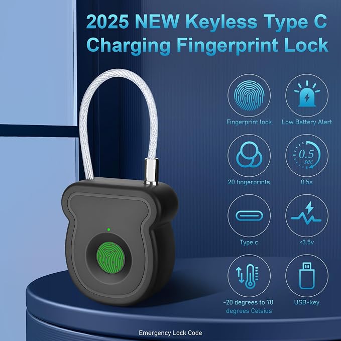 Fingerprint Padlock Lock with Key Backup, Biometric Metal Keyless Thumbprint Combination Lock, Waterproof, USB Rechargeable, for Gym Locker, School Locker, Luggage, Backpack, Suitcase