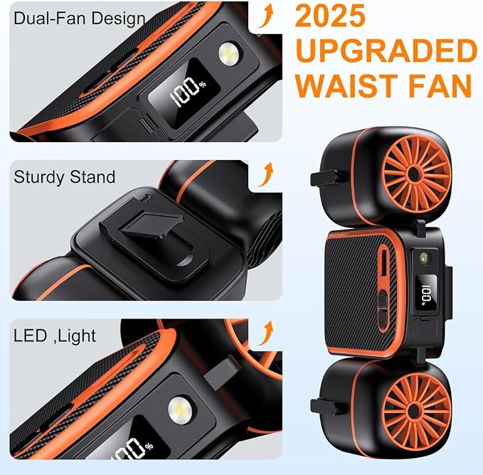 2026 Portable Waist Fan with Dual Small Fans for 10 times Strong Wind & Wide Cooling Area 10000mAh Battery Over 30H Working Time Hands-Free Fan with Belt for Outdoor, Sports (Black)