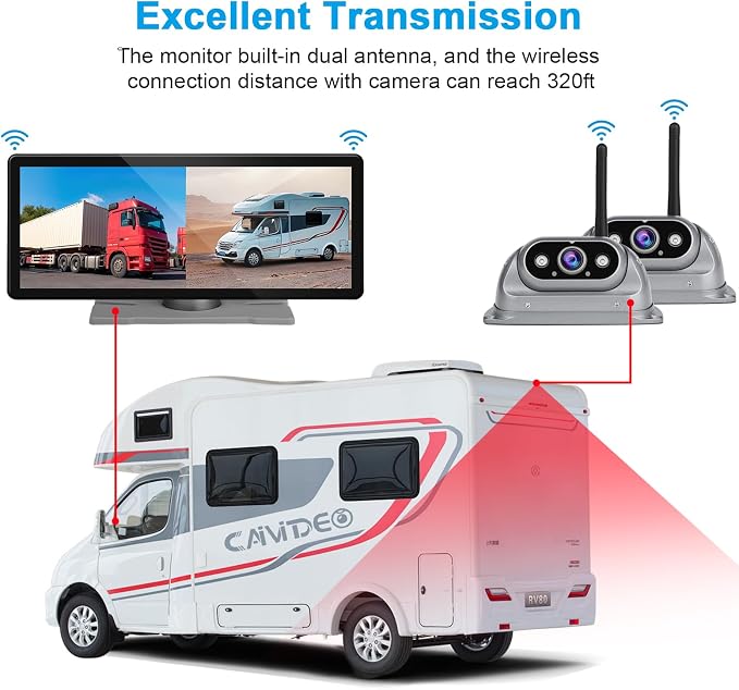 HD RV Vehicle Backup Cameras Wireless with 10.26" Monitor for Car Truck Trailer Bus Camper Motorhome System Recording Wide View Two Rear View Camera Clear Infrared Night Vision Support 4 Split Screen