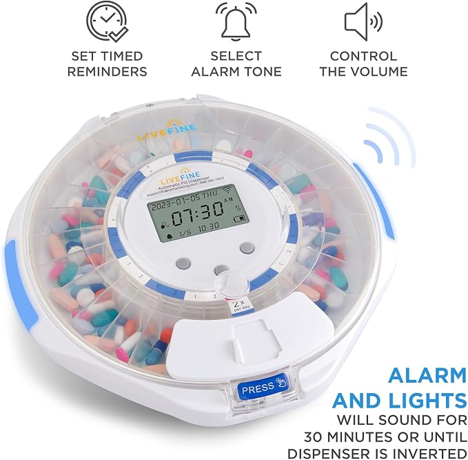 Live Fine Smart WiFi Automatic Pill Dispenser Clear Lid | 28-Day Medication Organizer Up to 9 Doses Per Day for Care Monitoring with Lock Key, Light/Sound Alarms for Prescriptions & Vitamins