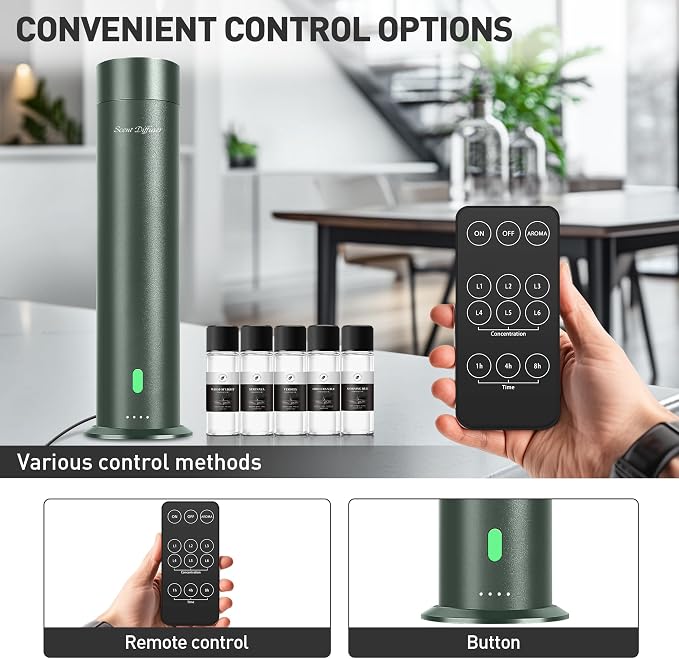 Waterless Scent Diffuser Starter Kit - 1000 Sq Ft Coverage, Hotel Scent Diffuser, Essential Oil Diffuser for Home & Large Room, Included 5 Scent Oils, Remote Control, SandGreen, 11In