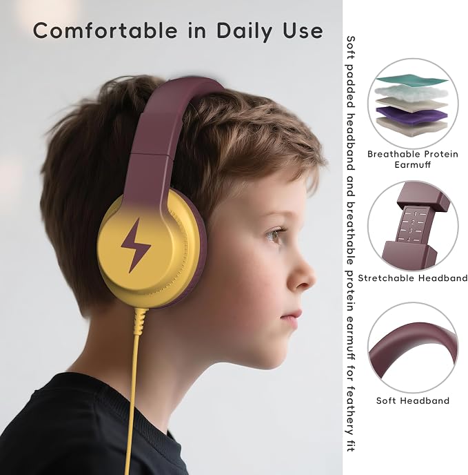 Candy Bila Kids Headphones, Wired Headphones for Kids Over Ear with Microphone, 85/94dB Volume Headphone for Girls Boys, Foldable Headphone for Learning, Gradient Brown and Yellow