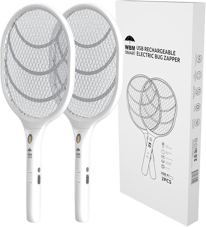 WBM Smart Bug Zapper with LED Night Light, 3,000 Volt Mosquito Electric Fly Swatter | USB Rechargeable |Fly Trap Racket Use for Indoor & Outdoor – 2 Pcs