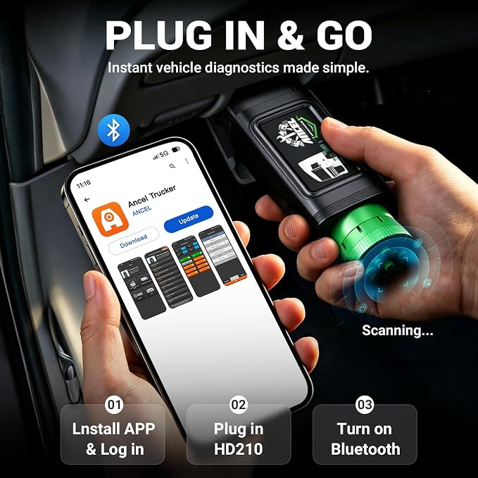 ANCEL HD210 Heavy Duty Truck Scanner, Speed Limit & Idle Adjust for Volvo and International MaxxForce Engines, Bluetooth Diesel Truck Scanner, Full-System HDOBD/OBD2 Scan Tool, Lifetime Free Updates