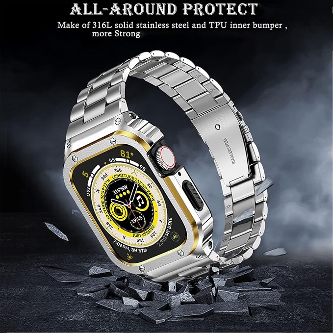 MioHHR Stainless Steel Band and Case Compatible with Apple Watch Band 44mm 42mm (Series 3/2/1), Men Metal Protective Bumper Cover for iWatch Series 6/5/4/3/2/1/SE/SE2/SE3, Silver/Gold