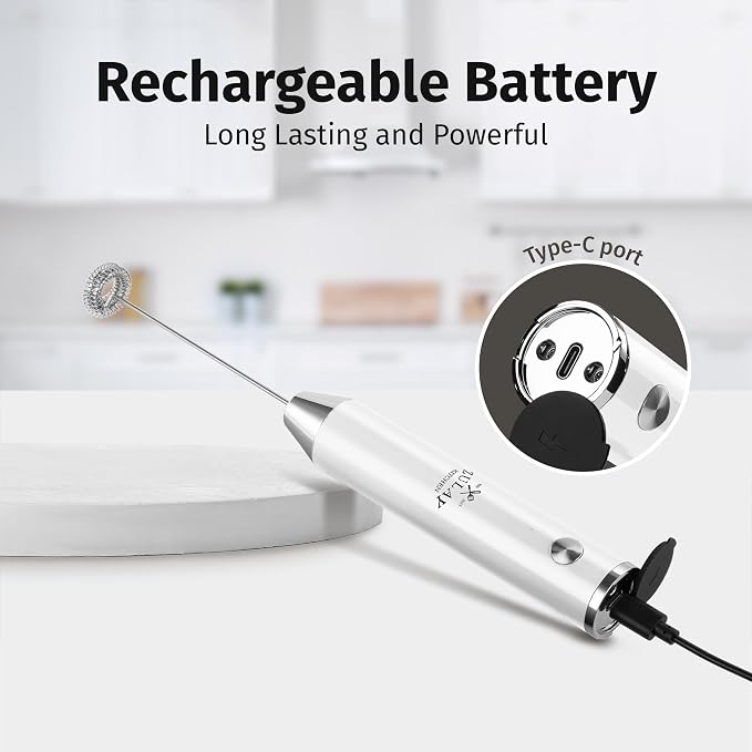 Zulay Kitchen Rechargeable Milk Frother Handheld - Frother Wand, Drink Mixer, Electric Whisk Frother, for Cappuccinos, Matcha & Protein Powder - Lux 4 Whisk 2 Speed Waterproof 2000mAh White