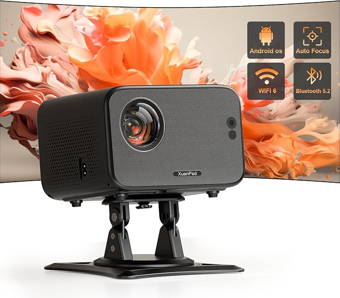 [Officially-Licensed App & Auto Focus]Light Black Smart Mini Projector with WiFi and Bluetooth, XuanPad 4K Support Movie Projector, Portable Native 1080P Outdoor Projector with 360° Stand