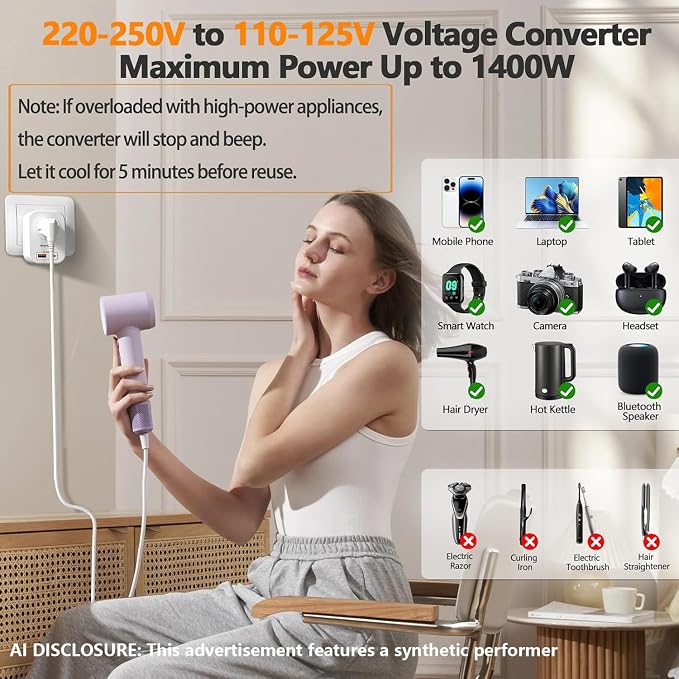 220V to 110V Voltage Converter US to Europe International Universal Travel Adapter,20W PD with 2 USB A 2 Type-C Port,Worldwide Power Converter Plug Combo US to Italy Spain Greece White-NX