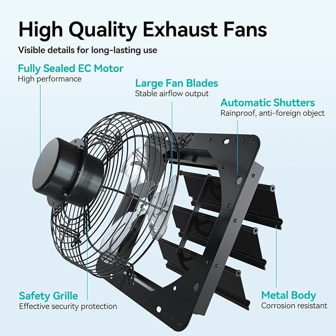 addlon 10 Inch Shutter Exhaust Fan Wall Mounted with EC Motors and Remote Control, Timer, 8 Speeds, 850CFM, Low Noise, Easy to Install, Plug in Ventilation Fan for Garages, Shops, Greenhouse, Attic