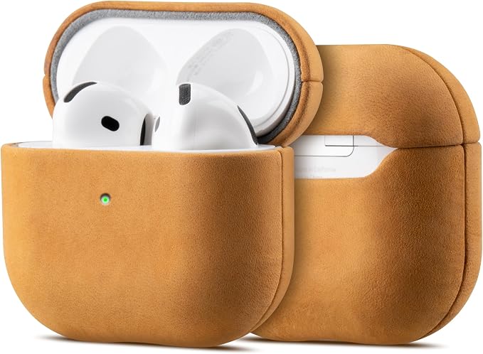 Maogoam Leather Case Compatible with AirPods 4, Genuine Vintage Crazy Horse Cowhide Leather Case for Apple Airpods 4th Generation(2024), Handcrafted, Retro Style, Khaki Brown