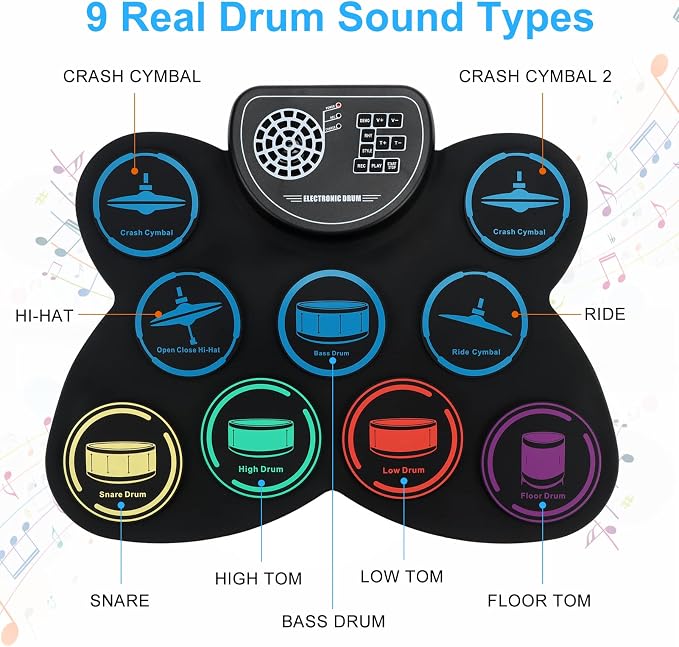 Electronic Drum Set, Marrilley 9 Drum Practice Pad with Headphone Jack, Roll-up Pad Machine Built-in Speaker Drum Pedals Sticks 10 Hours Playtime, Great Holiday Xmas Birthday Gift for Kids