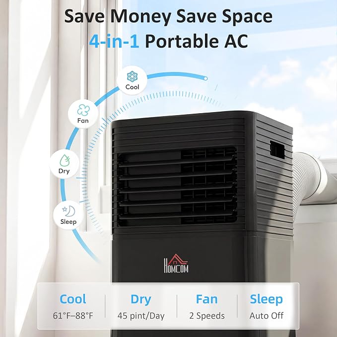 HOMCOM 8000 BTU Portable Air Conditioner for Rooms up to 344 Sq.Ft., 4-in-1 Mobile AC Unit with Dehumidifier, Cooling Fan, Sleep, Remote, 24H Timer, Auto Off, Window Installation Kit, Black